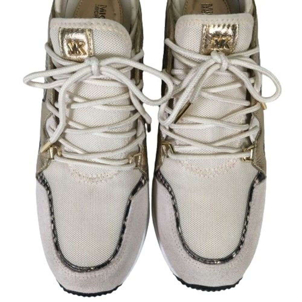 Michael Kors Liv Logo Trainer Extreme Wedge Ivory Brown Gold Womens Shoes Sz 8.5 - Picture 6 of 14
